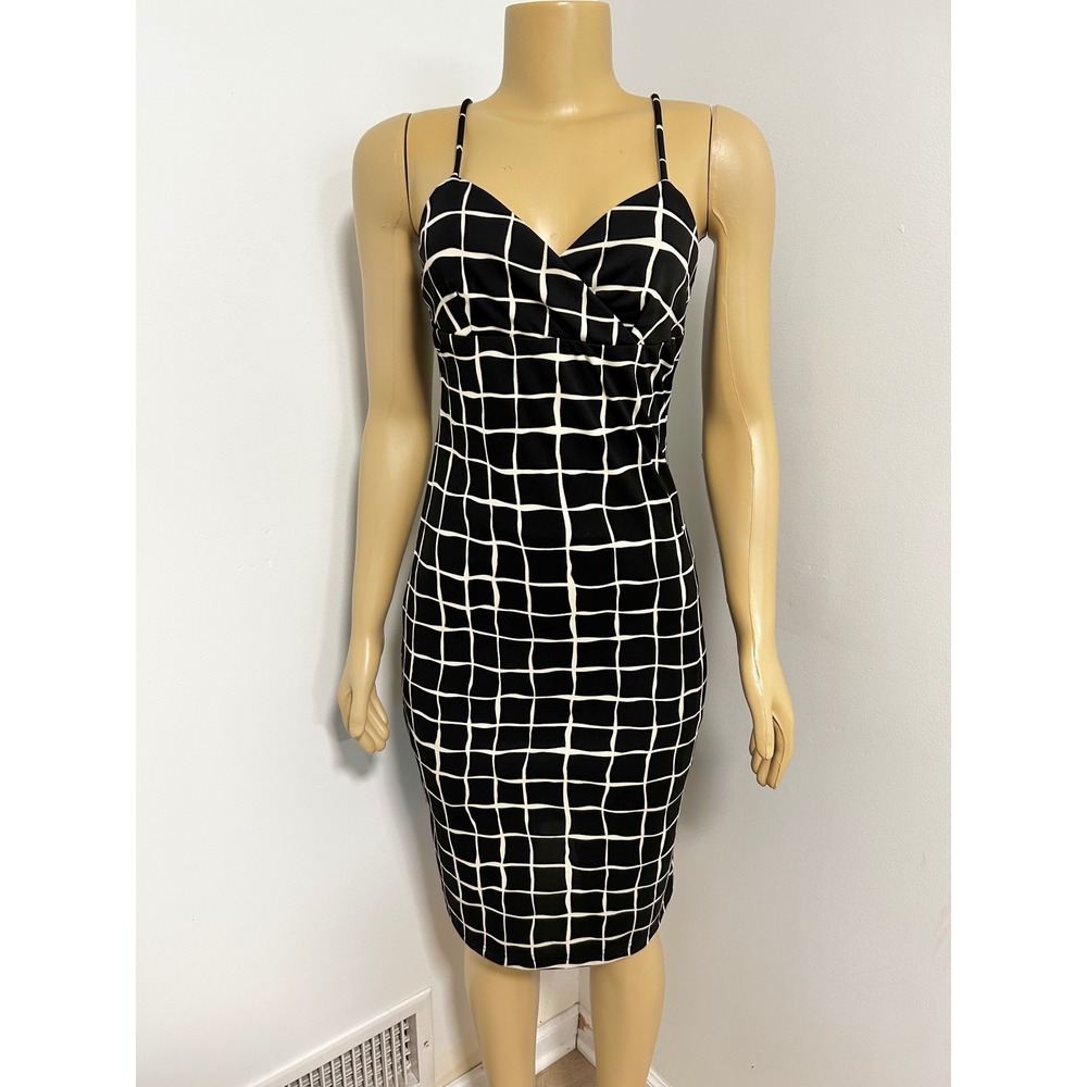 Y2K La Belle Vintage Black White Grid Midi Dress Surplice Spaghetti Strap M
